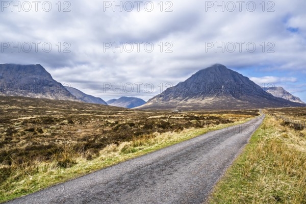 Mountains and Moors over Glen Etive Valley, Glencoe, Highlands, Scotland and Buachaille Etive Mòr,