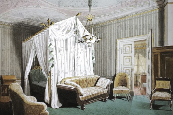 Bedroom of Queen Victoria in Ehrenburg Castle, 1860, Coburg, Upper Franconia, Bavaria, Germany,