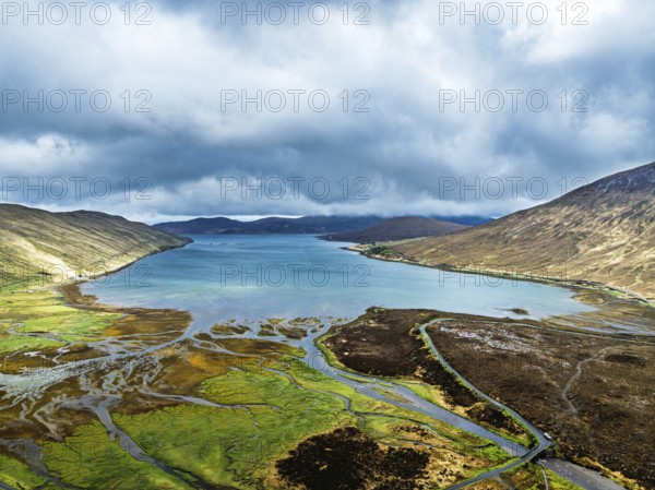 View from Eas a' Bhradain Waterfall from drone, Red Cuillin mountains, Loch Ainort, Isle of Skye,