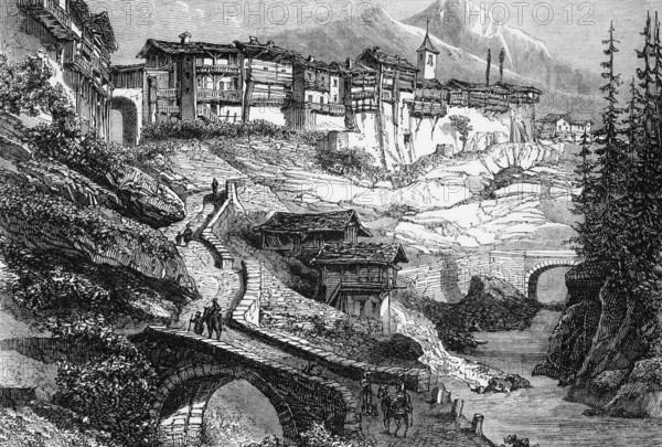 The village of Flumet, Savoy in the French Alps, France, around 1820, digital reproduction of a