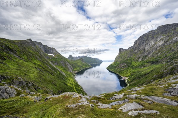View of Øyfjorden fjord and mountains, fjord landscape with mountain peaks, hike to Barden