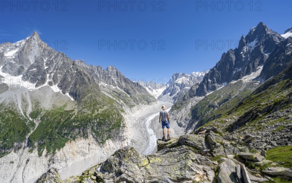 Picturesque mountain landscape with imposing mountain peaks and glaciers, mountaineer on hiking