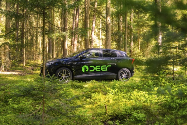 Black car with green stickers parked in a sunny forest, Deer E- Carsharing, Calw, Black Forest,