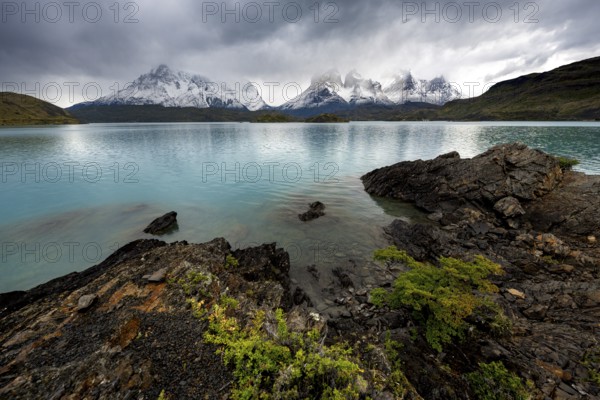Cloudy mountain range Cuernos del Paine, shore of the blue lake Lago Pehoe in the evening light,