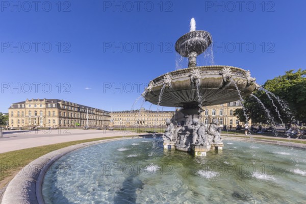Schlossplatz Stuttgart with New Palace and fountain with fountain bowl. Place of interest in
