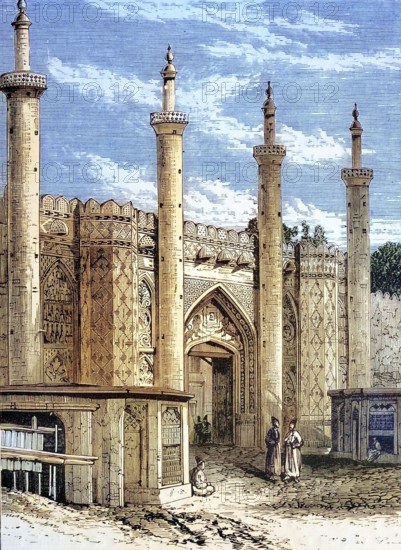 The South Gate of Tehran, Iran, coloured wood engraving, reproduction of a model from ca 1888,