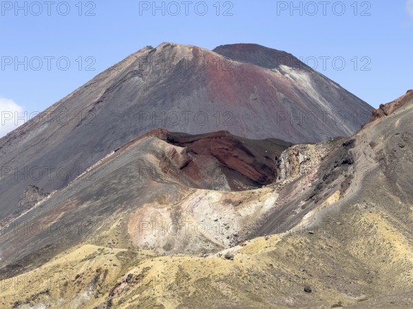 On the hiking trail of the Tongariro Alpine Crossing in Tongariro National Park with a view of the