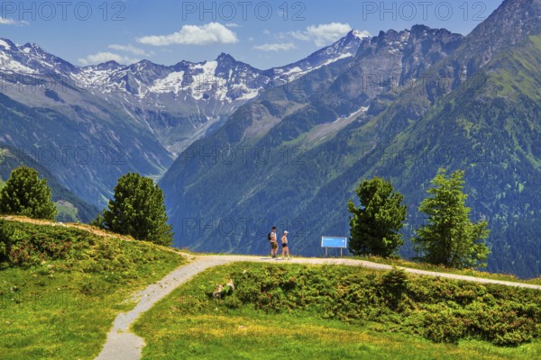 Hiking trail on the Penken with a view of the Stilluptal, Mayrhofen, Zillertal, Zillertal Alps,