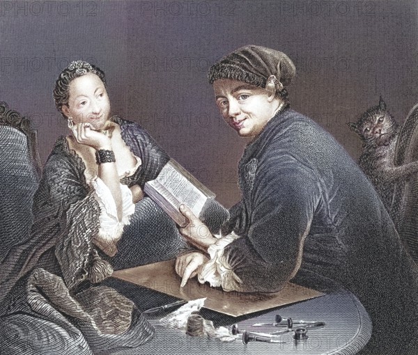 Engraver Georg Friedrich Schmidt with copper plate, burin, book in conversation with a noble lady,