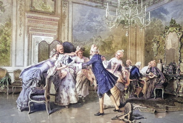 Blind man's buff game of fine society, coloured wood engraving, reproduction of a model from ca
