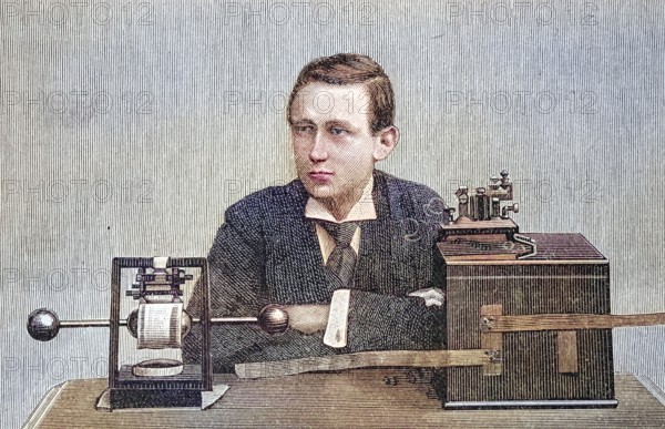Marconi and his telegraph apparatus. Guglielmo (since 1924 Marchese) Marconi (1874-1937) was an