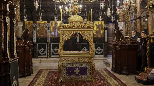 Epitaphio, richly decorated church interior with altar, icons and candlesticks, Holy Week, Bay of