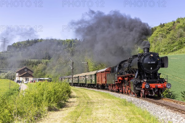 Steam train of the Sauschwänzlebahn steam railway railway steam locomotive at Epfenhofen station in