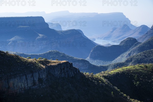 View of the Blyde River gorge, Lowveld Viewpoint, in the evening light, canyon landscape, Blyde