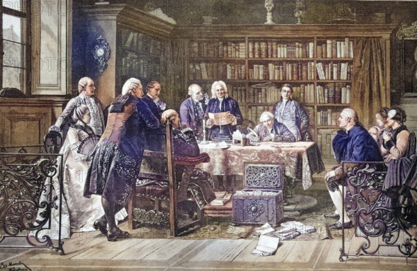 Opening of the will by the notary in front of the extended family, coloured wood engraving,