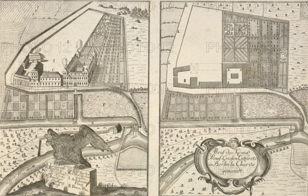 Floor plan of the royal Prussian military hospital in Berlin, called Charite, Germany, around 1880,