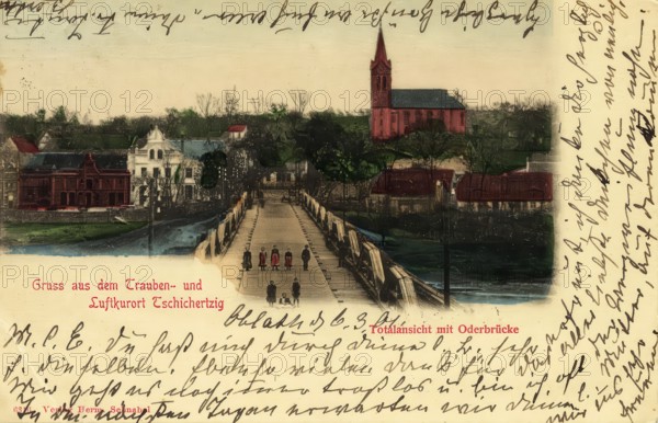 Historical postcard, picture postcard, Oder bridge in the spa town of Tschicherzig in Silesia,