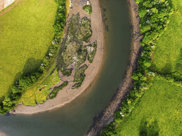 Top Down over Marshes over River Dart from a drone, Stoke Gabriel, Totnes, Devon, England, United