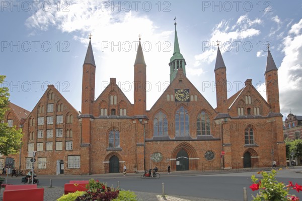 Holy Ghost Hospital with pointed towers, Brick Gothic, Brick building, Old Town, Lübeck,