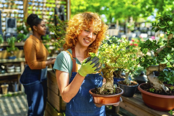 Redhead gardener wearing gloves holding a bonsai tree in a terracotta pot, smiling, in a plant
