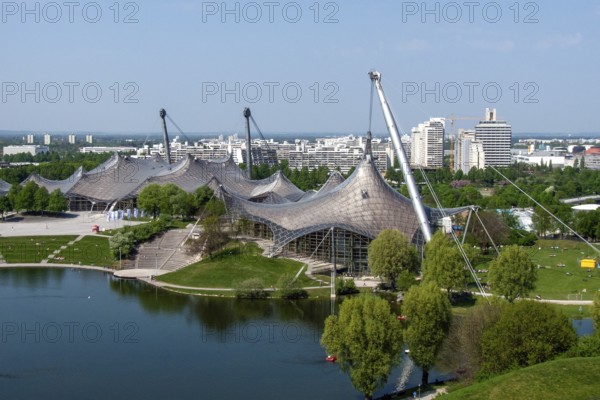 View from the Olympiaberg to the Olympic Lake, Olympic Hall, Olympic Swimming Pool, Olympic Park,