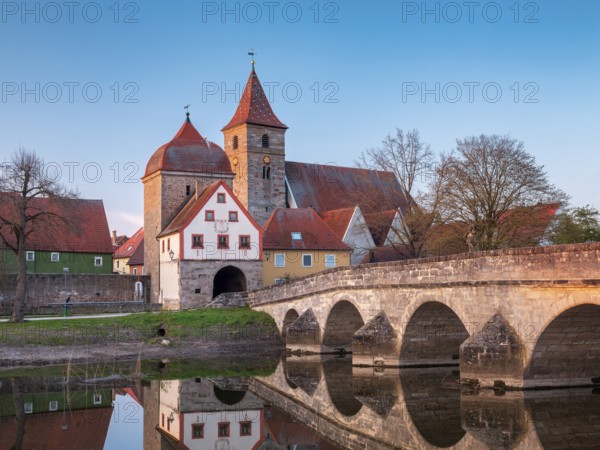 Ornbau in the evening light, medieval stone bridge over the river Altmühl, Altmühl bridge, town