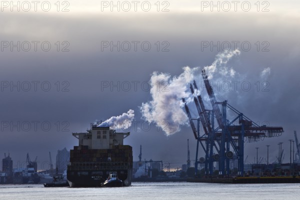 Container ship MSC Tokyo with two small tugs near the Burchardkai container terminal in the Port of
