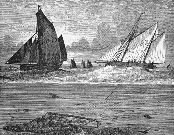 Underwater view of a trawl net attached to a fishing boat (boat), English fishing waters, around