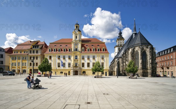 Baroque town hall, Protestant late Gothic St. Mary's Church, town church, and Mohren Pharmacy,