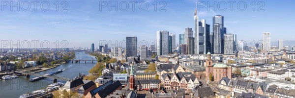 Frankfurt skyline skyscrapers in the city centre with Römer and river Main from above panorama in