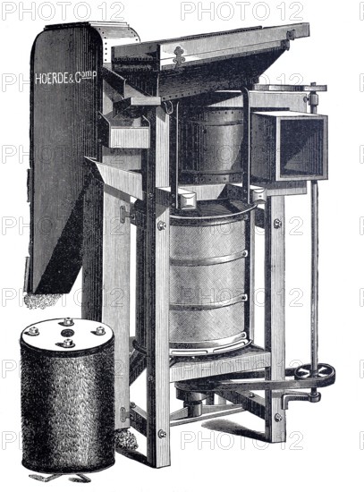 Grain processing, brushing machine, Throop system, by Hoerde & Co, around 1880, digitally improved