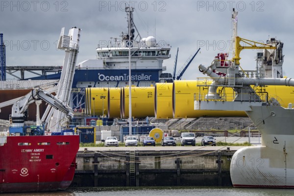 The seaport of Eemshaven, Julianahaven Basin, where the foundation structures, monopiles, for