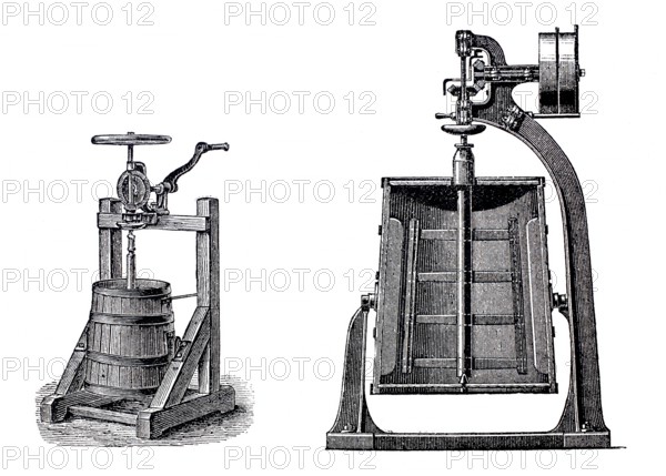 Dairy farming, butter production, view and section of a butter churn, around 1860, Holstein,
