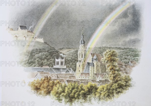 View of the town from the west, 1841, Coburg, Upper Franconia, Bavaria, Germany, Historical,