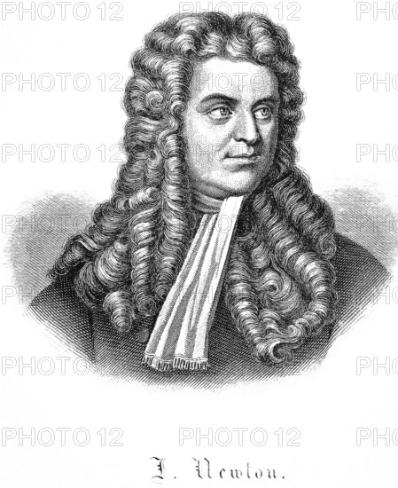 Portrait of Isaac Newton (1642-1726) steel engraving, curly wig, neckerchief, important English
