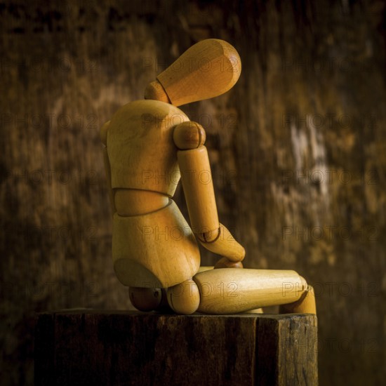 A wooden mannequin is positioned on a rough wooden surface, looking contemplative against a