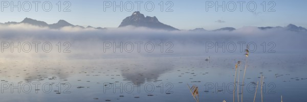 Sunrise at Lake Hopfensee near Füssen, with the Tegelberg massif and the Säuling behind it,