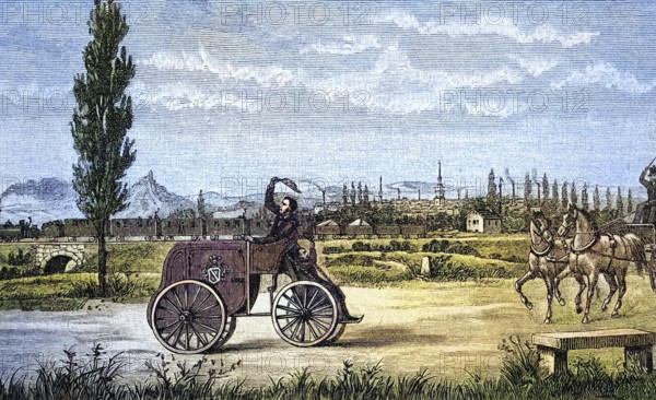 Kröner's driving machine from 1846, coloured wood engraving, reproduction from a model from ca
