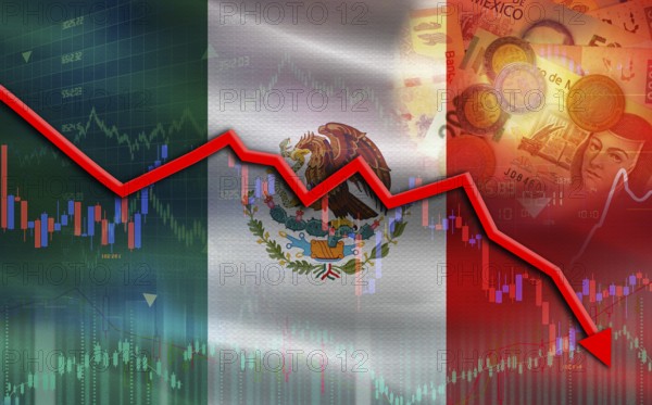 Mexico financial fall on economy market. Mexico financial crisis on economic graph