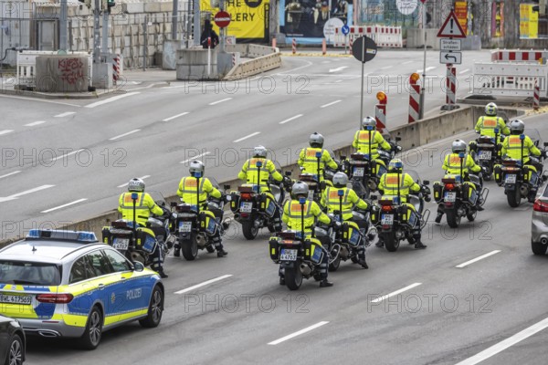Police motorbike squadron driving through the construction sites of Stuttgart. Stuttgart,