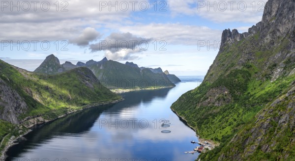 View of Øyfjorden fjord and mountains, fjord landscape with mountain peaks, hike to Barden