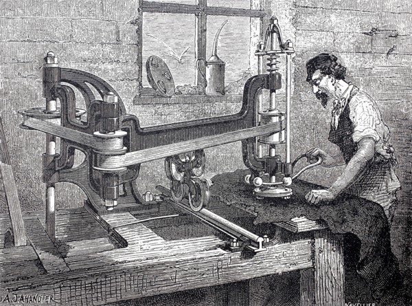 Leather processing, worker at a machine for smoothing leather, around 1880, digitally improved