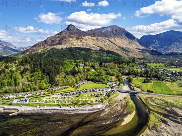 Loch Leven and Holiday Park from a drone, Glencoe, Highland, Scotland, United Kingdom
