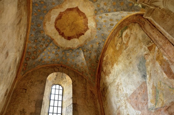Remains of 14th century frescoes, side chapel, interior, Gothic basilica of the Cistercian abbey of