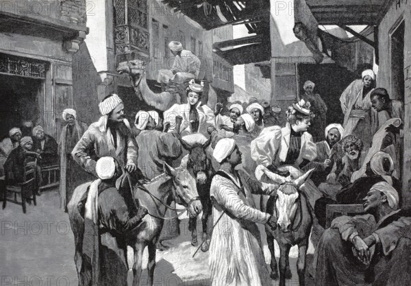 Street trading in Cairo, Egypt, coloured wood engraving, reproduction of an original from ca 1888,
