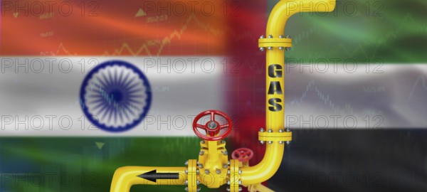 Gas pipeline with United Arab Emirates and India flag. Production and export of United Arab