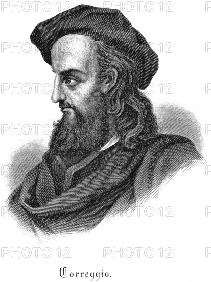 Antonio da Correggio (1489 -1534) Italian Renaissance painter, long hair, full beard, cape, beret