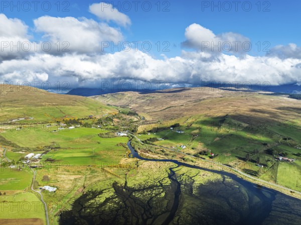 Farms and Moors over Loch Harport from a drone, Drynoch, Isle of Skye, Highlands, Scotland, United
