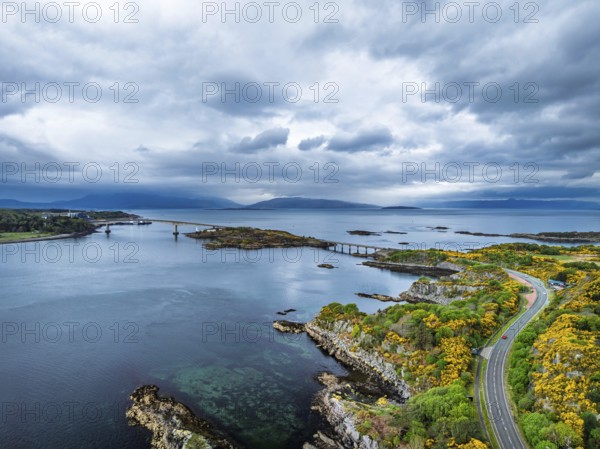 Skye Bridge over Loch Alsh from a drone, Kyle of Lochalsh, Isle of Skye, Scotland, England, United