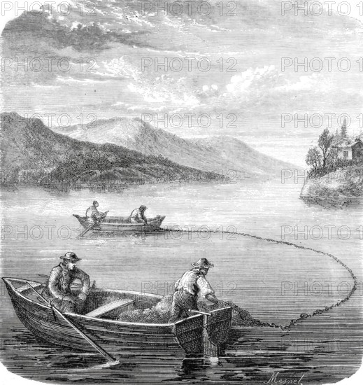 Fisherman on Lake Constance netting bluefish, 1869, Baden-Württemberg, Germany, Historical,